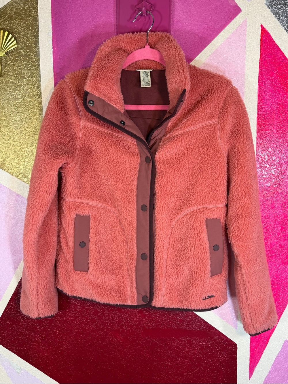 L.L.Bean Coral Sherpa Fleece Snap Front Jacket Nylon Trim XS